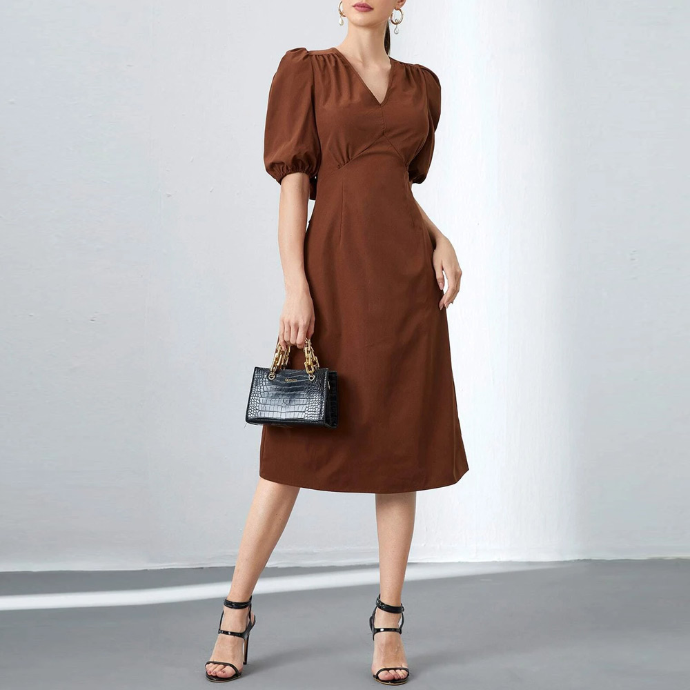 Women Work Dresses Solid Brown V Neck Short Puff Sleeve High Waist Midi Dress Custom Women Work Dresses