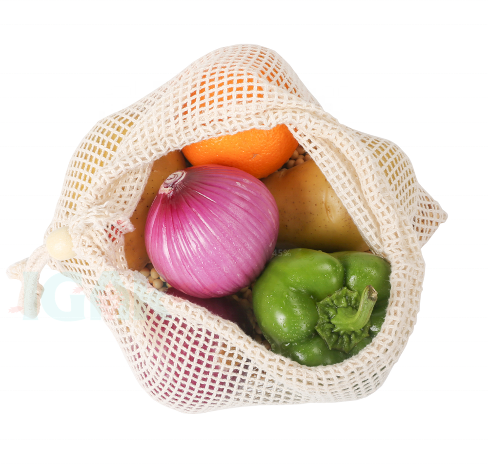 LARGE GRID Reusable Produce Bags for Grocery Shopping Zero Waste Washable Cotton Bulk Food & Produce Bags with wooden buckle