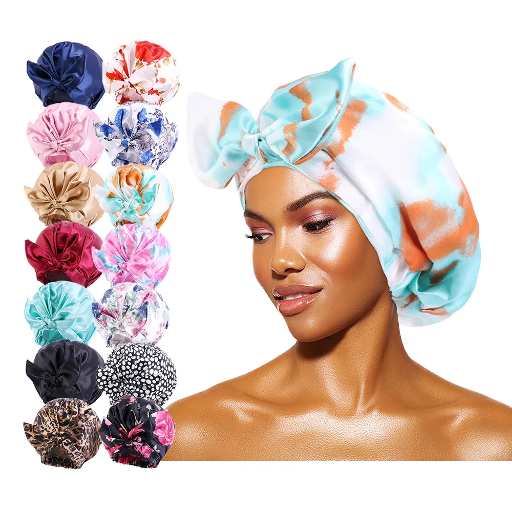 high quality fashion sexy satin waterproof bath reusable double layer shower cap braids hair bonnet wholesale for women