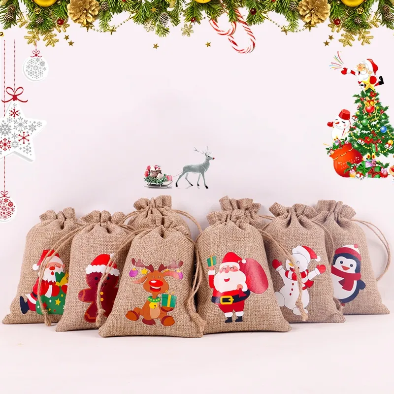 Wholesale Supplies Santa Claus Sock Snowman Print Red Fabric Linen Small Food Drawstring Christmas Gift Pouches Bag for Candy
