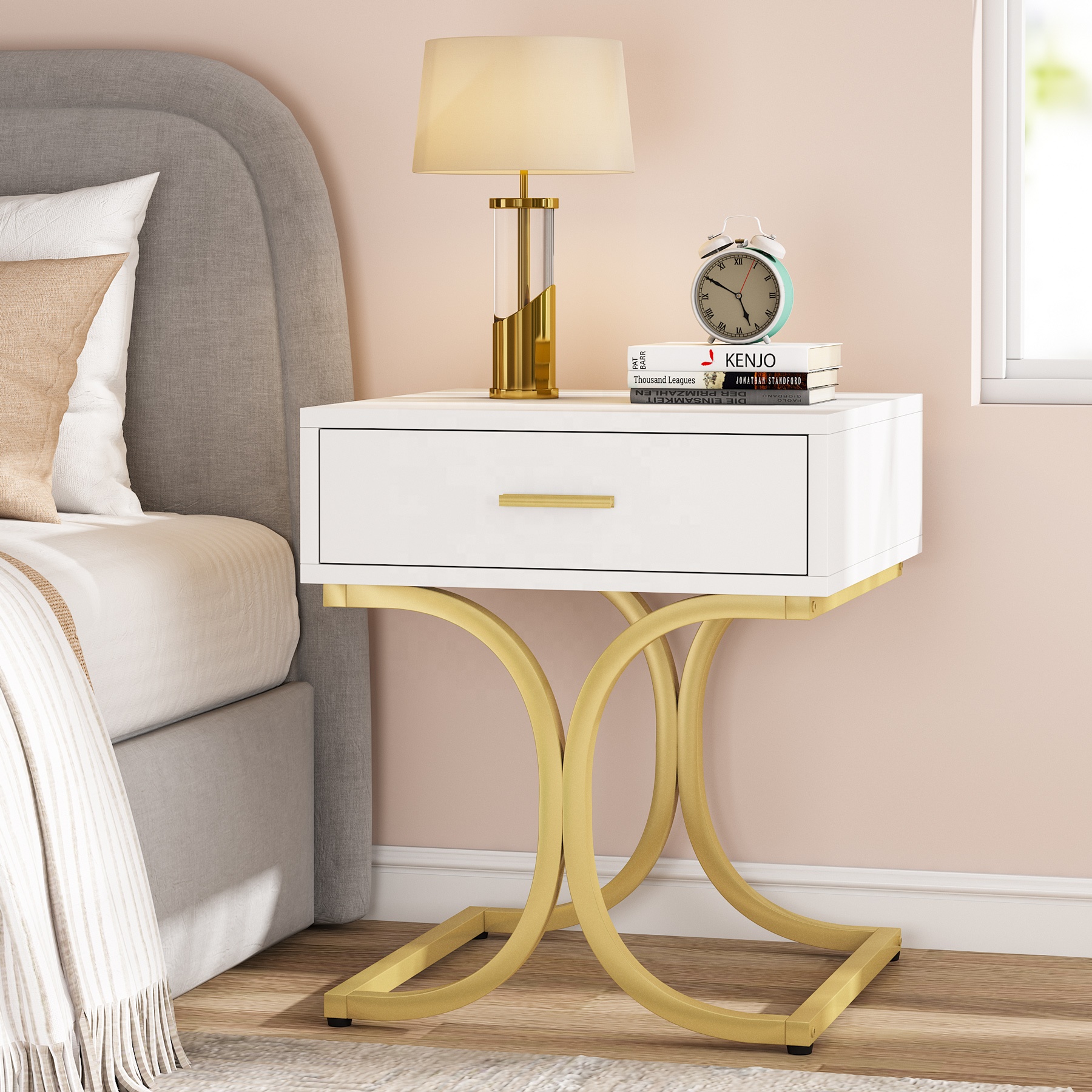 Home Furniture Nightstand Modern Bedside End Table with Drawer Double C-Shaped Night Stands with Metal Frame for Bedroom