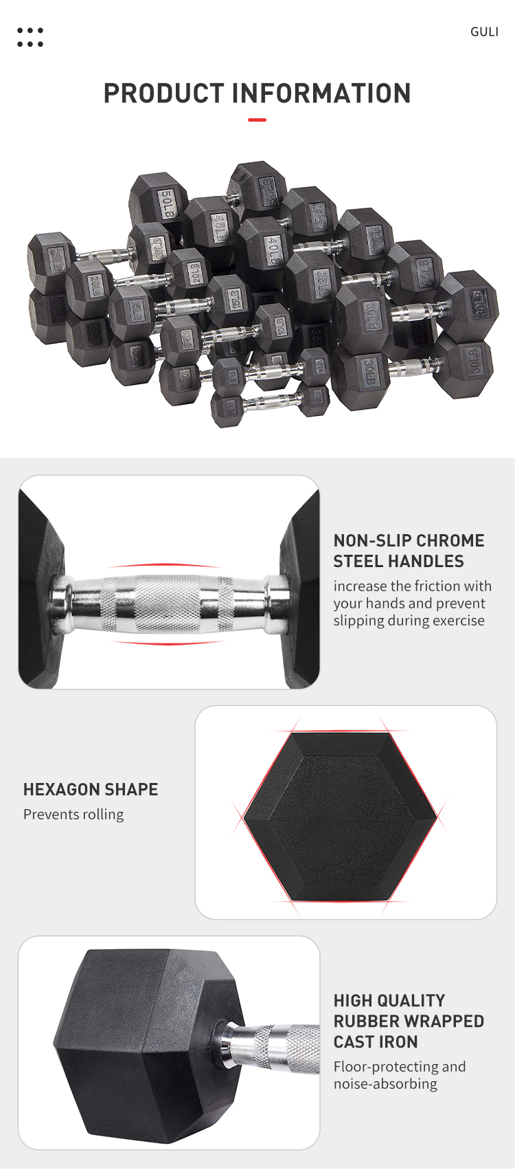 Black Rubber Coated Hex Dumbbells Free Weight Gym Equipment Steel Handle Dumbbell Workout Strength Weights