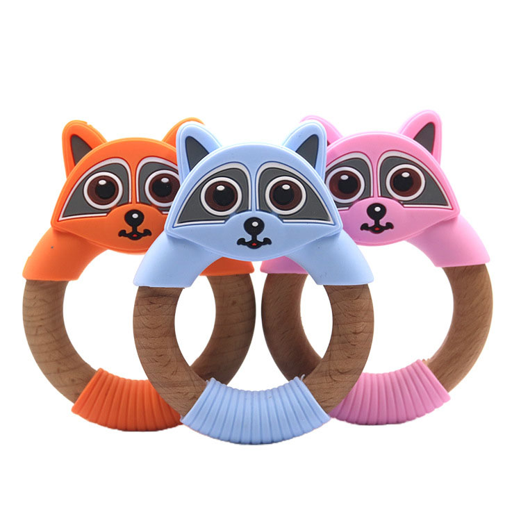 New Design Infant BPA Free Baby Chew Toys Silicone Bear Teether Wholesale Wood Ring Toys