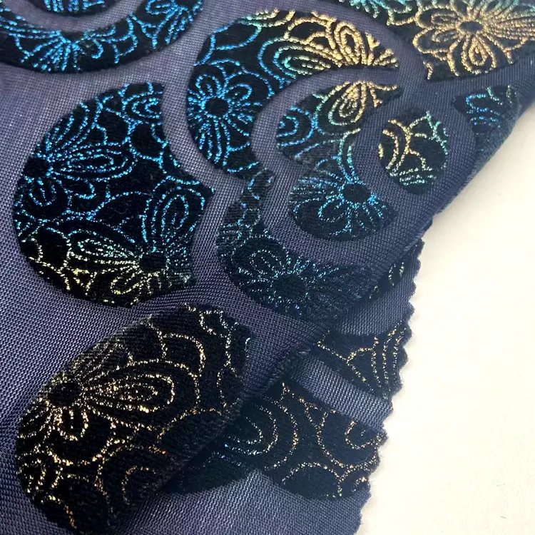 Fancy burnout polyester nylon stretch knitted shine foil printing mesh velvet burn out fabric for dress