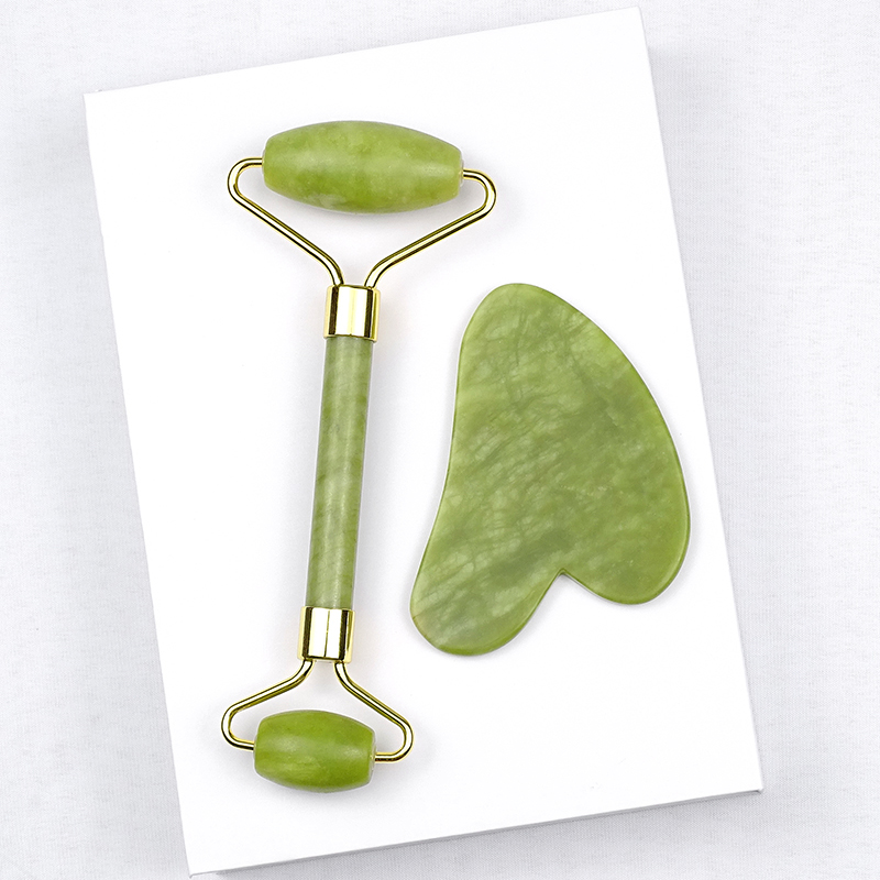 High Quality Green quartz jade stone roller facial guasha massage tool Green jade roller gua sha with box