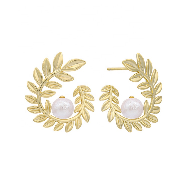 European American Design Quality Female Women's White Irregular Pearl Earring Set 925 Sterling Silver 18K Gold Leaf Baroque Pear