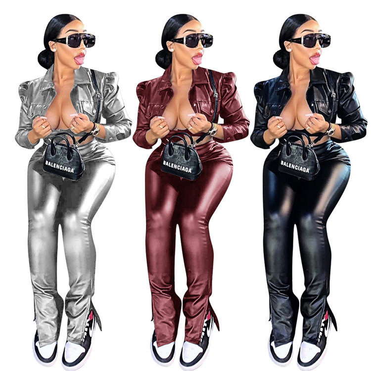 D95113 plus size women clothing pu leather pants fashion bodycon two piece