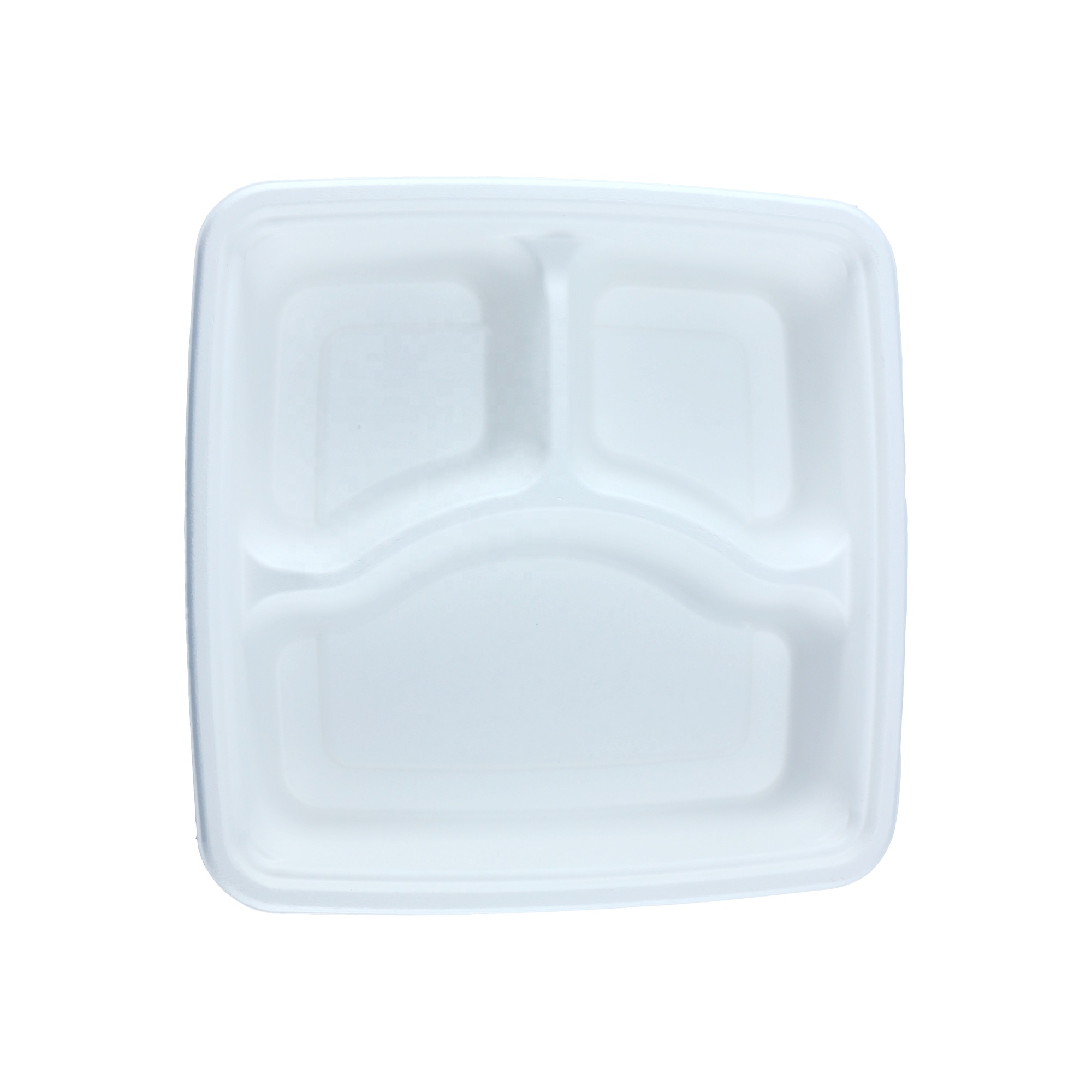 Sugarcane pulp 9 inch square tray 3 compartment bagasse food container