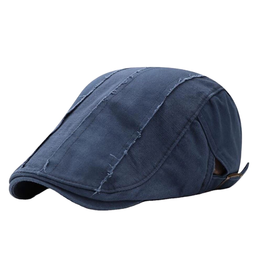 Men Vintage Distressed Cotton Flat Scally Cap Plain Fringed Denim Newsboy Ivy Hat Cabbie