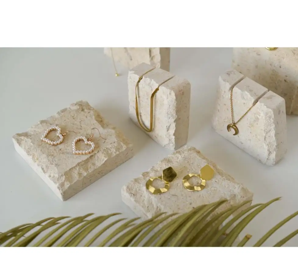 Ring Display Stand Custom Natural Stone Fashion Travertine Jewelry Necklace Rings Display Stand Set Tools Holder
