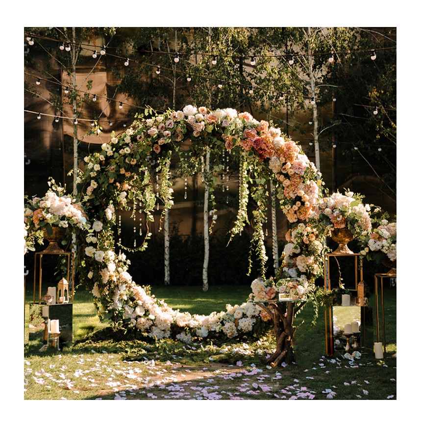 Hot Outdoor wedding decoration big metal silver wedding half arch circle ceremony arch wedding flowers backdrop