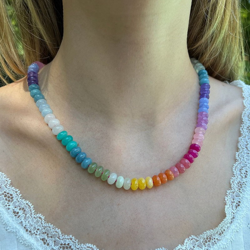 Zooying 5*8mm Popular Handmade Multi Color 18K Gold  Natural Stone Rainbow Gemstone Necklace For Women Jewelry