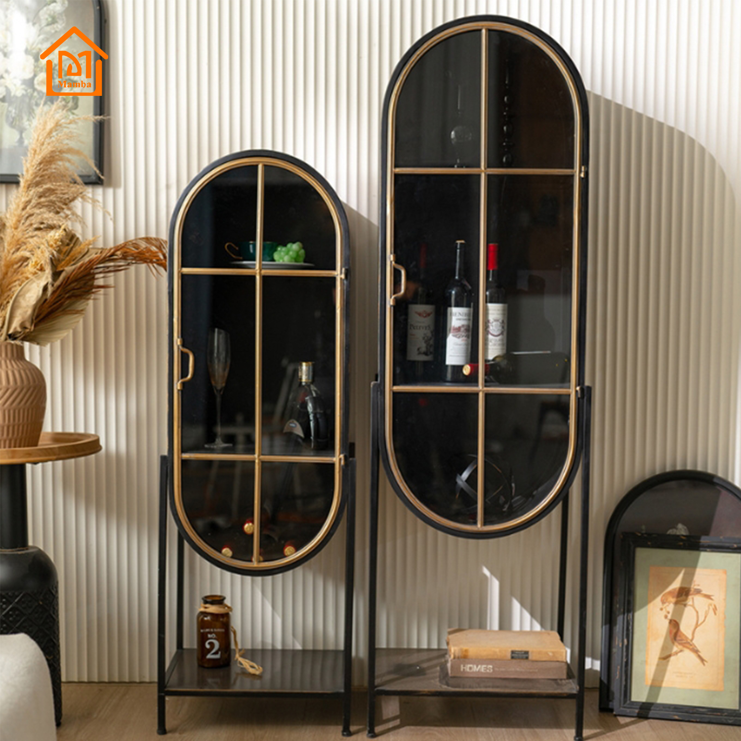 Mamba Home Accent Vintage Retro Black Arch Tall Metal Cabinet with Shelves and Glass Doors for Living Room