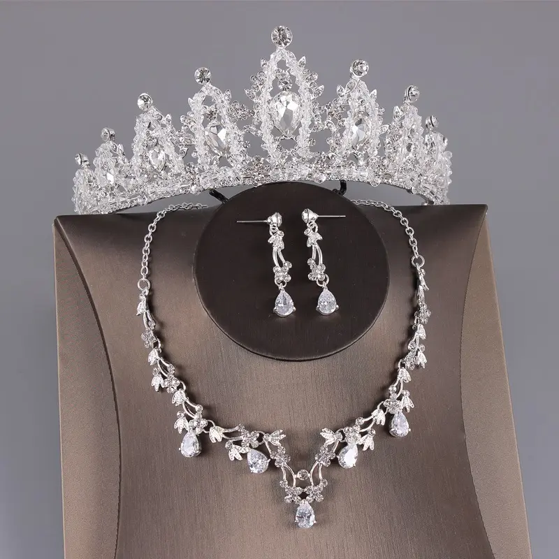 Korean boxed full beaded bridal wedding crown necklace earring headdress set Girl white rhinestone alloy hair accessories