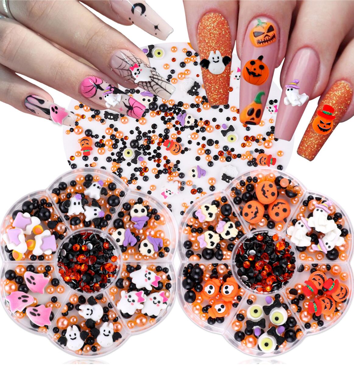 Wholesale Popular Nail Art Christmas And Halloween Accessories 7-grid Plum Blossom Set With Pearl Flat Bottom Nail Decoration
