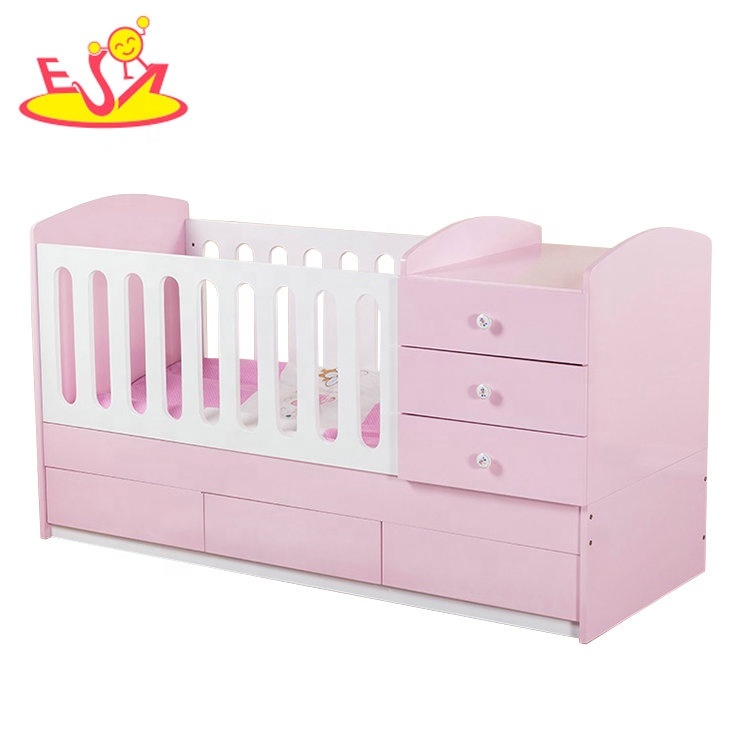 High Quality pink Wooden Baby Cribs with Drawers W08E036