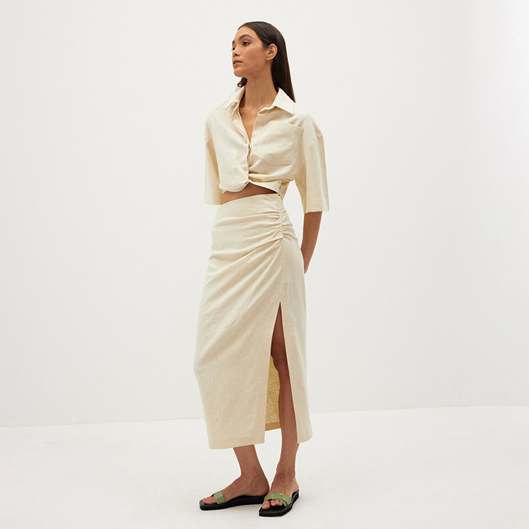 Chic 2021 New Trend Women Clothing Irregular Beige Short Sleeve Crop Shirt And Skirt Slit Pleated High Waist Maxi Skirt Set