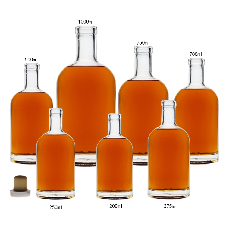 Premium customized 1000ml, 750ml, 700ml, 500ml, 375ml, 250ml, 200ml glass bottle with Cork/ liquor fancy vodka glass bottle