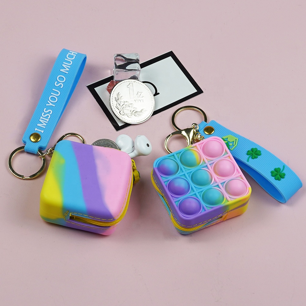 Mini Rainbow Color Pop Fidget Toys Silicone Apple Earphone Case Keychain Bag