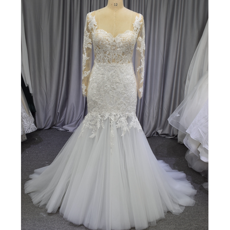Nude tulle long sleeve bridal dress long sleevees mermaid applique wedding dress for women