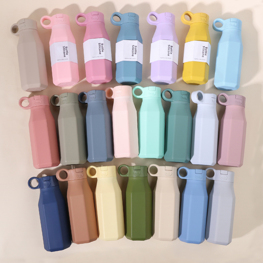 Custom Portable Leakproof Gym Silikon wasserflasche Sport Jug 12oz Bpa Free Silicone Water Bottle With Handle For Kids School