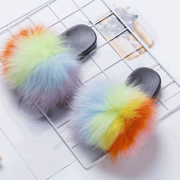 Kids fur slippers racoon fur slippers fox fur slippers