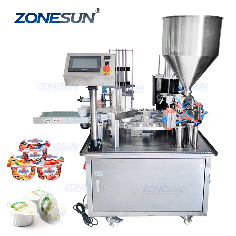ZONESUN Automatic Jelly Yogurt Ice Cream Juice Sugar Honey Rotary Cup Discal Filling Capping Sealing Machine