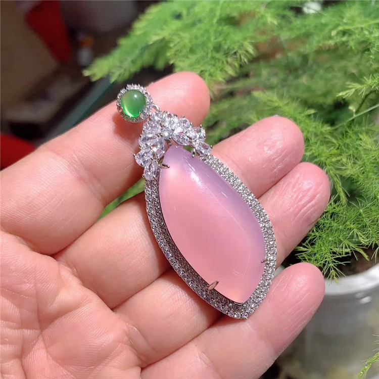 Natural green PINK GEM PENDANT gold-plated zircon chalcedony necklace for women