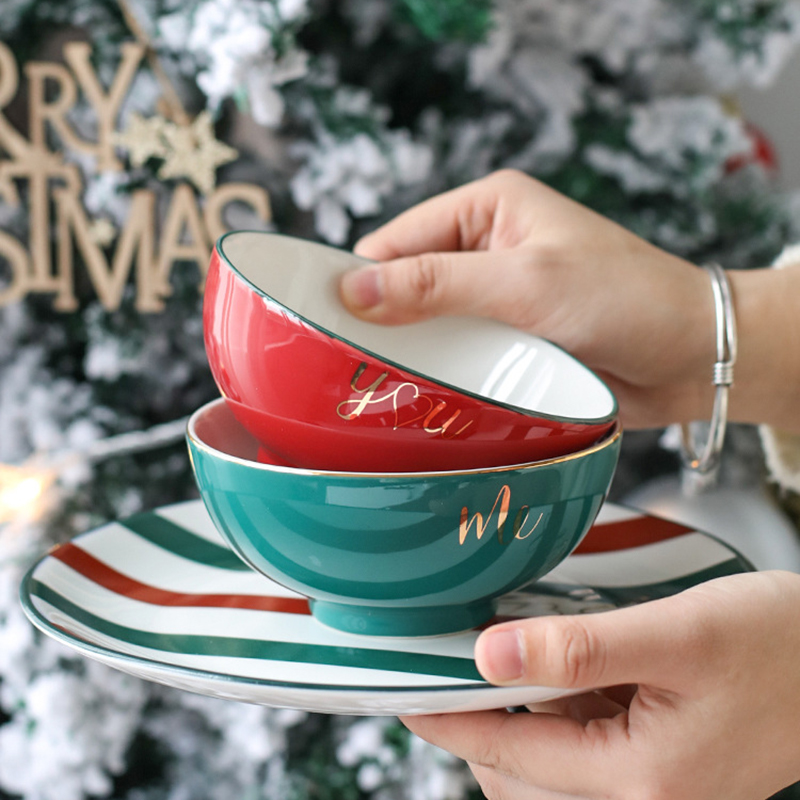 Christmas Elements Ceramics Plates Mug Microwave Safe 6 Inch Green Dinnerware Fruit Bowl Dish Sets