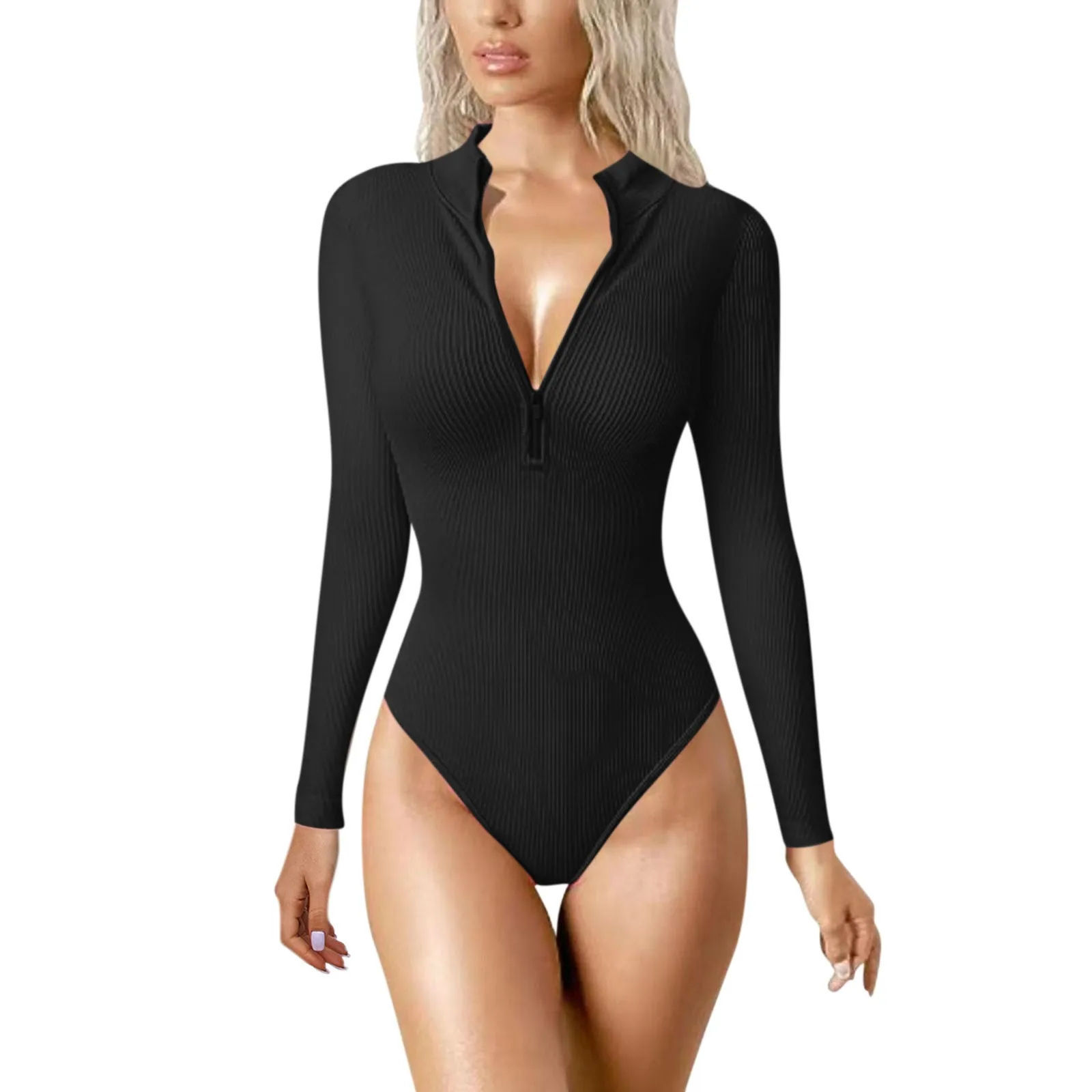 Women Long Sleeve Bodysuit Slim Fit Ribbed One-piece Front Zip Women's New Tight Type Fashion Bodysuits