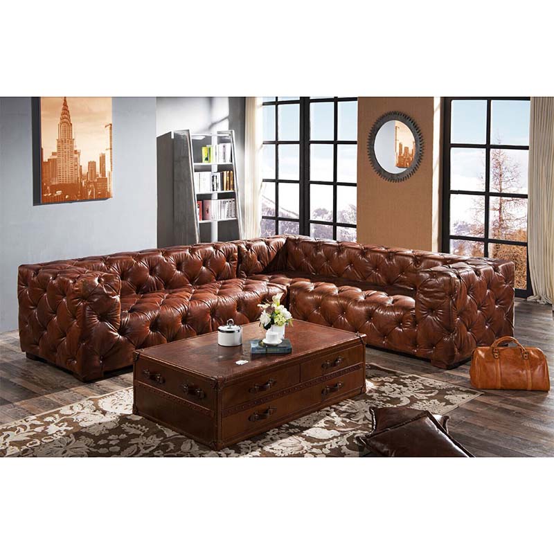 Винтаж кожа Tufted дизайн диван набор 7 местный