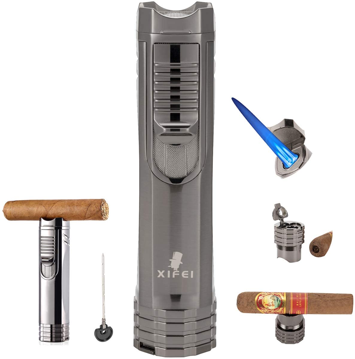 Xifei Wholesale Custom Logo Metal Cigar Lighter Multifunctional 4-in-1, Unique Angular Design Triple Torch Lighter