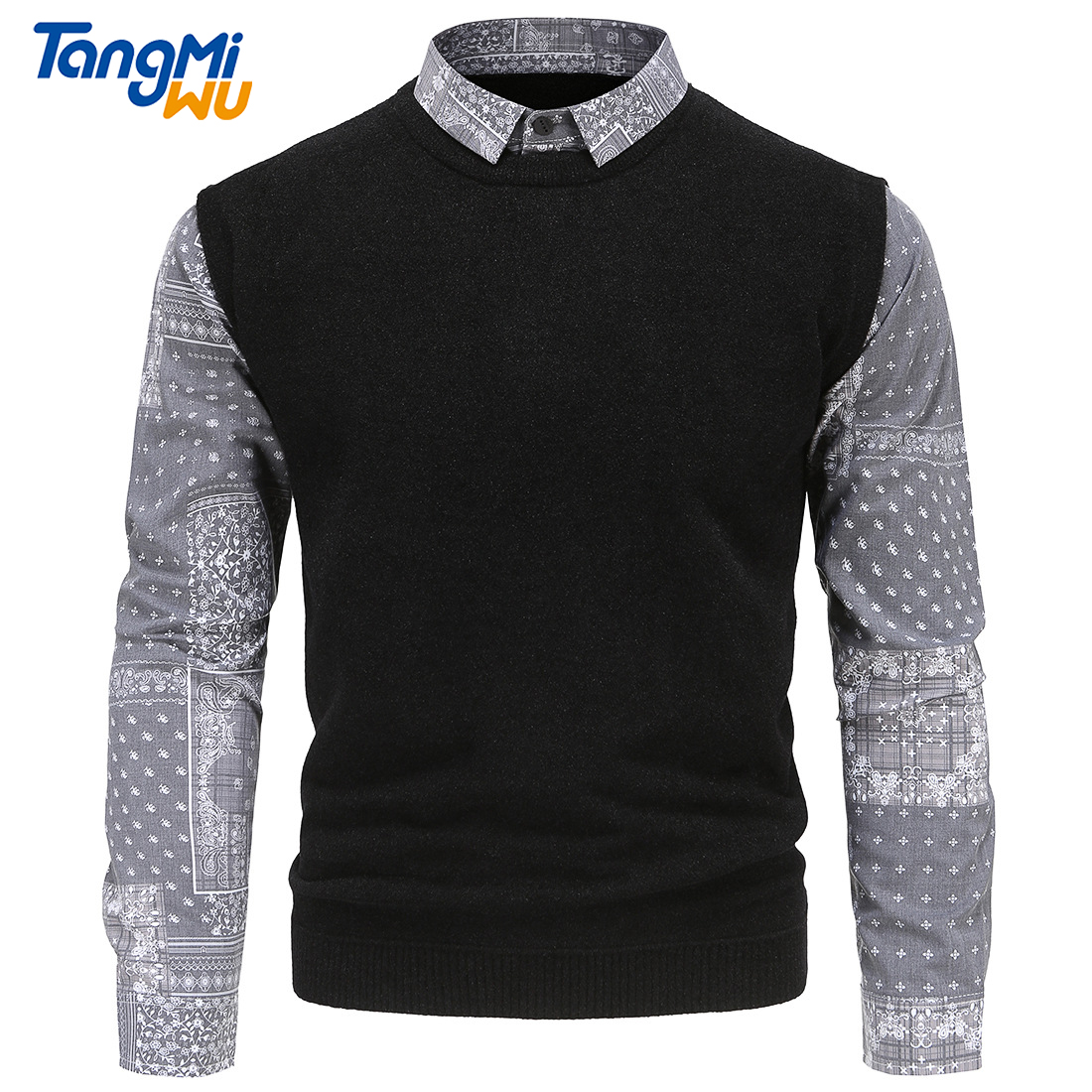 TMW wholesale 2021 new style fashion mens sweaters pullover Shirt collar pull homme men slim print shirt knitting sweater