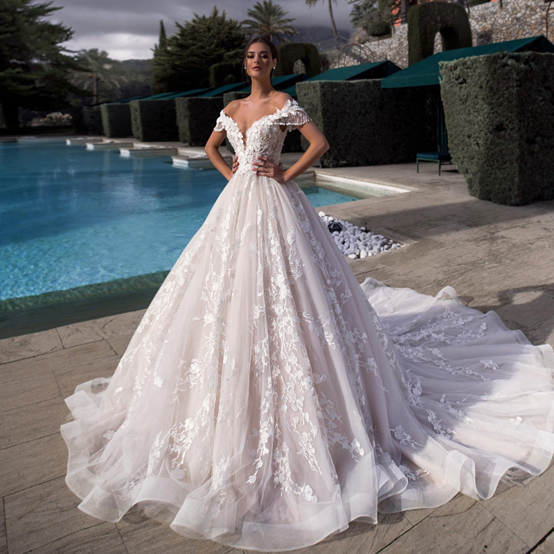 S492 Custom High Quality New Fashion White Fashion Vestido De Noiva Bridal Tulle Mariage flower Women Wedding Dress