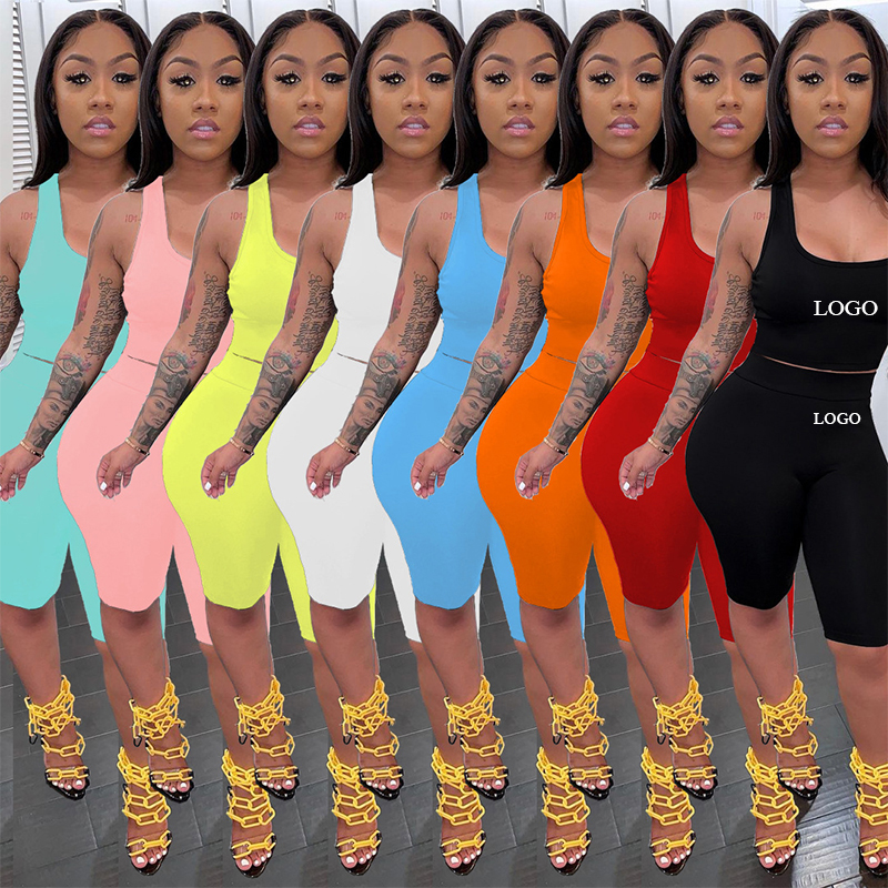 2021 new women knitted sleeveless camisole short top + motorcycle shorts two-piece suit with tight elastic sports Woman suit