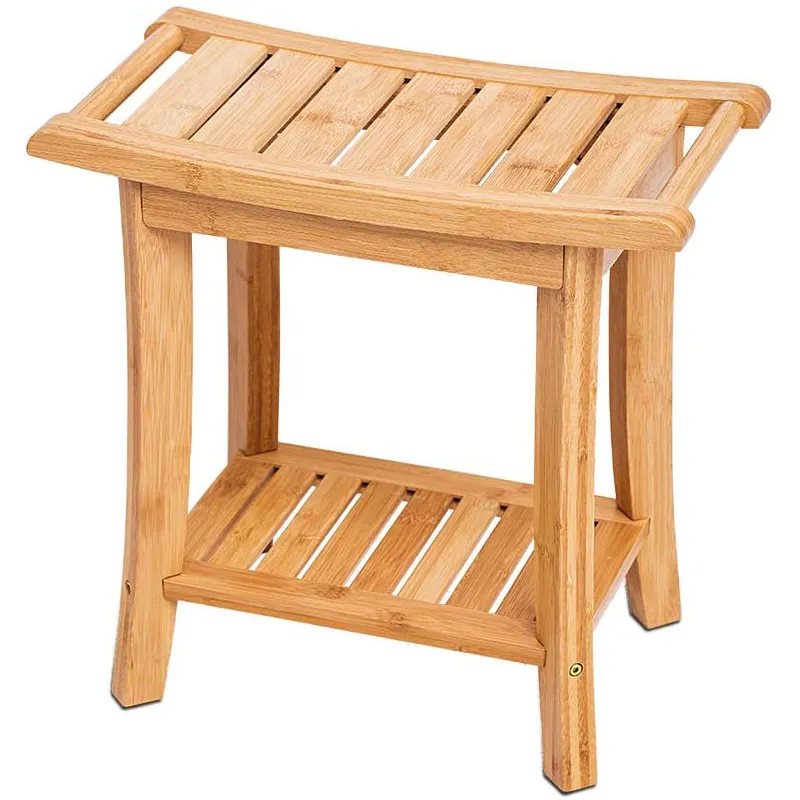 Multi-use Bamboo Shower Bench with Shelf.Bamboo Spa Bath Stool/Shoes Bench for Indoor&Outdoor Use.