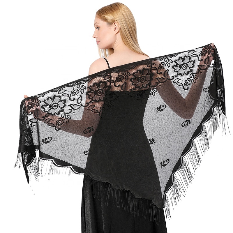 Fashion Women Black and Grey Floral Triangle Lace Scarves for Daily and Party Shawl and Wraps