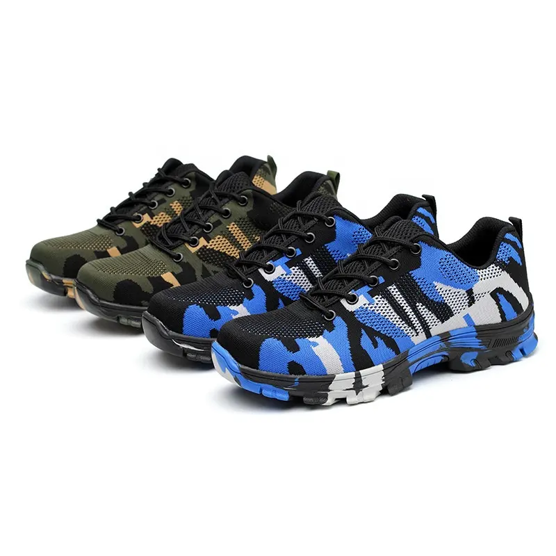 Summer fashion breathable flying knit steel toe and cap anti piercing sport men camouflage safety shoes