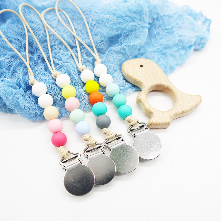 Custom Newborn Wooden Beads Fashion Baby Teething Toy Baby Teething Necklace Baby Silicone Pacifier Clip Chain Wholesale