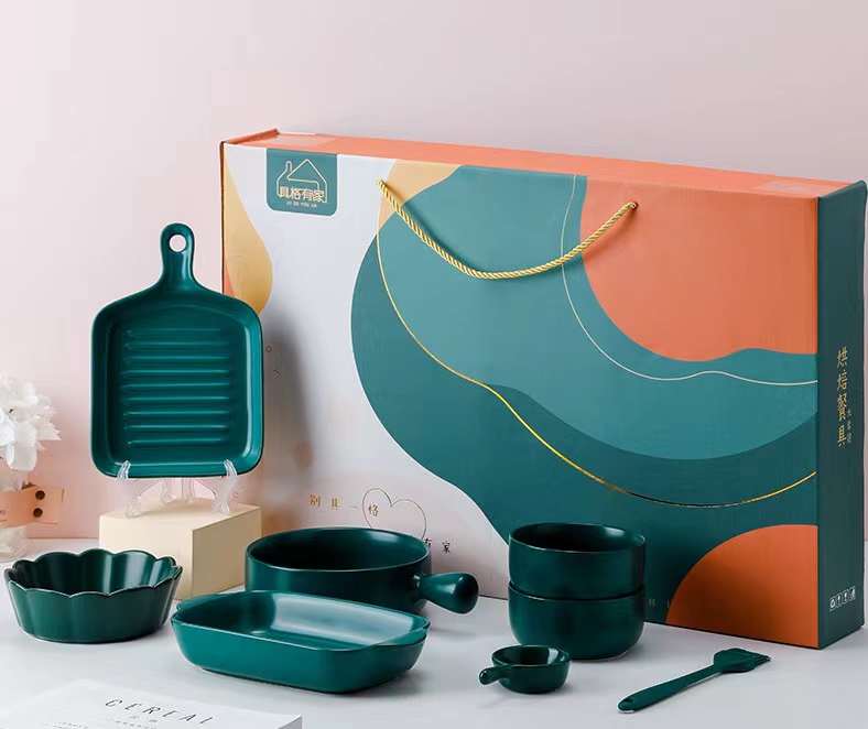Brand Glaze Ceramic Bakeware Set For Baking Tray Cheese Plates Double Ears Spaghetti Dishes Lasagna High Quality 8pcs/set