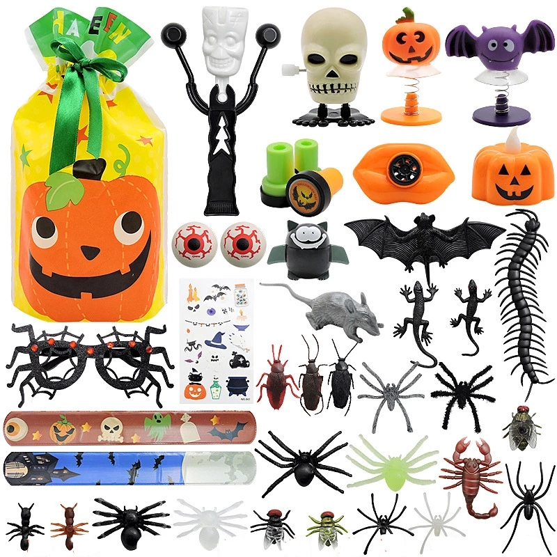 Children Halloween Pumpkin Bag Spider Glasses Stamp Horror Bat Skull Props Ornaments Party Accessories Wristband Toys For Kids