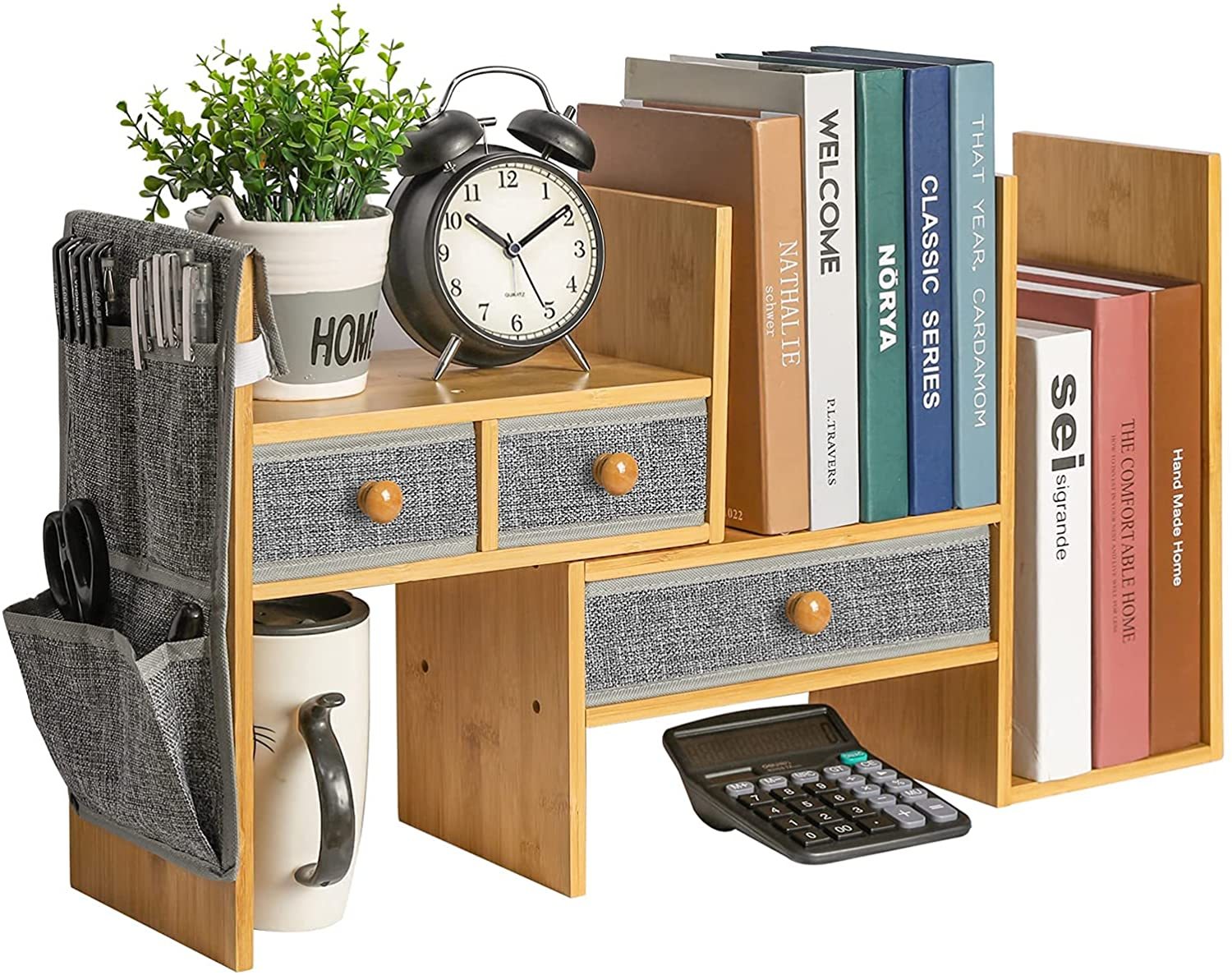Adjustable Bamboo Desk Organizer 2 Drawers Bamboo Wood Book Rack Holder