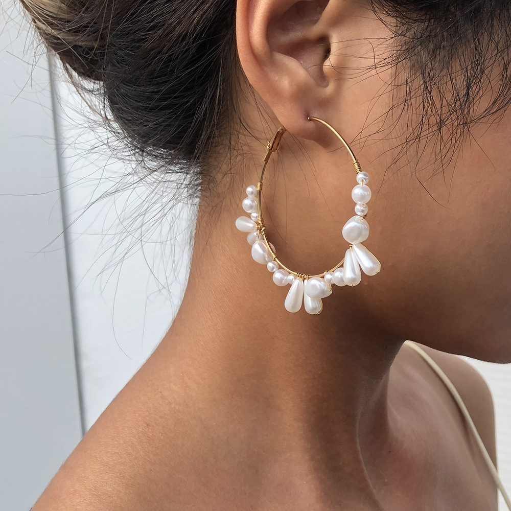 New Fashion Boho White Pearl Round Circle Hoop Earrings Large Size Earrings Pearl Earring for Women