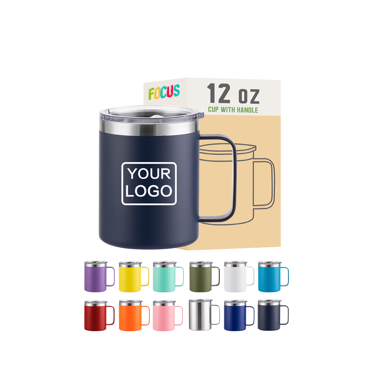 Custom Logo 12 Oz 16Oz 24oz Double Wall Vacuum Tumbler Cup Powder Coated Insulated Stainless Steel Coffee Mugs Handle With Lid