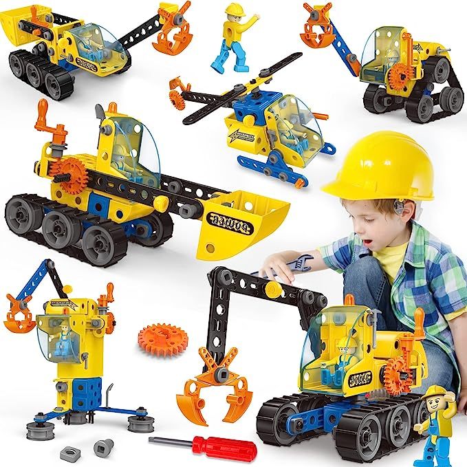 Best Seller 6 In 1 Plastic Construction Trucks Kids Educational Toy Helicopter City Service Vehicles Building Blocks Toy