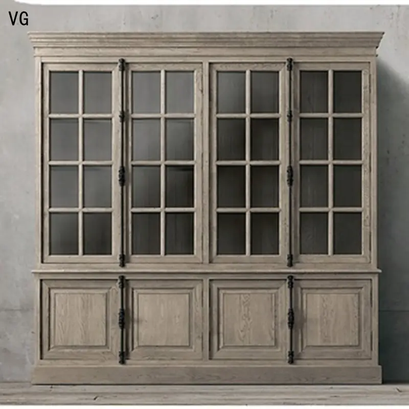 Natural solid wood cabinet wooden bookcase French oak wood cabinet furniture 4-door open sideboard hutch
