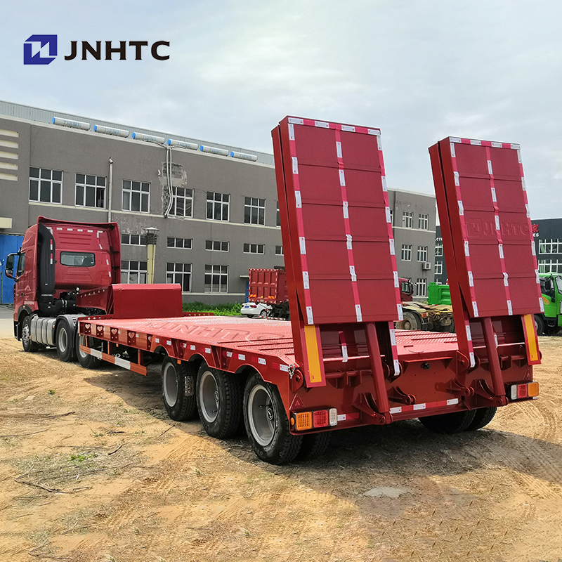 Red low bed boy deck flatbed container gooseneck Excavator transport semi trailer trucks 100Ton lowbed truck trailers