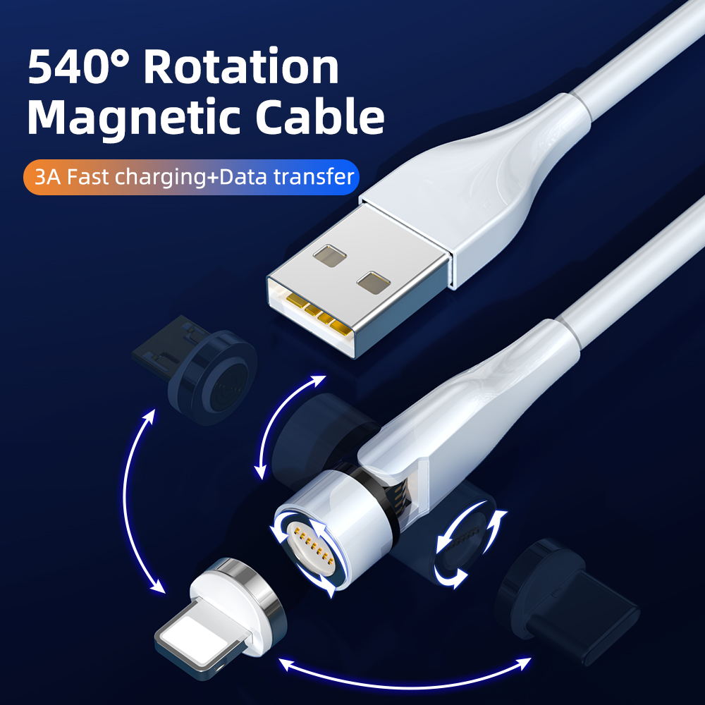 Factory cheap oem rotate 3 in 1 Type C Micro USB ios phone 540 degree magnetic data cables magnet fast charging USB cable
