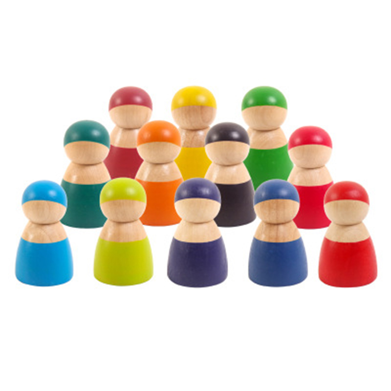 Baby Wooden Toys Set 12 Rainbow Peg Dolls Wooden Play People Figures Doll Wooden Peg Dolls