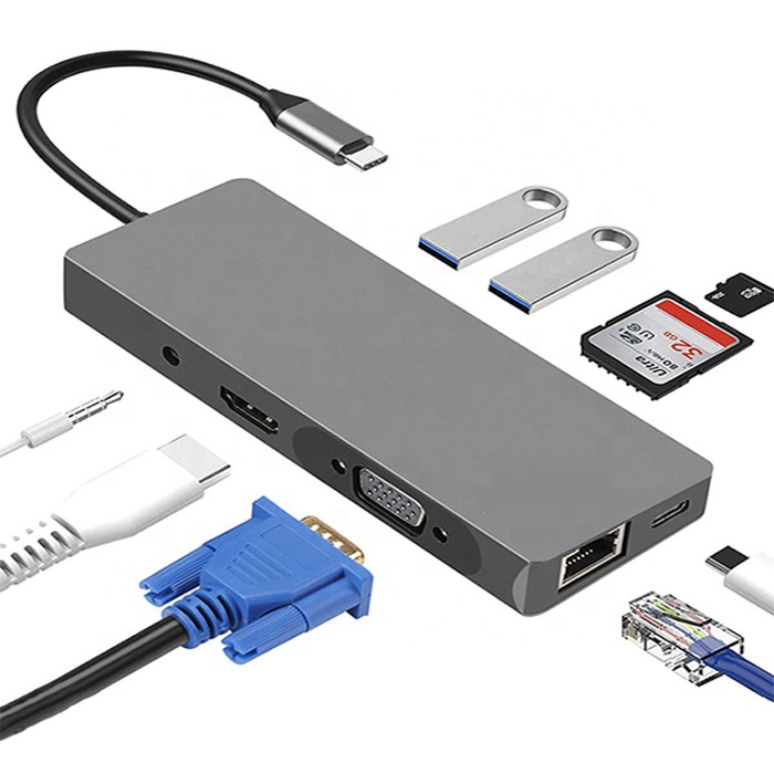 Алюминиевый компьютер USBC Thunderbolt 3 USB-концентратор 3,0, 9 портов, высокомощное зарядное устройство Multi C, адаптер для Macbook, сделанный на заводе
